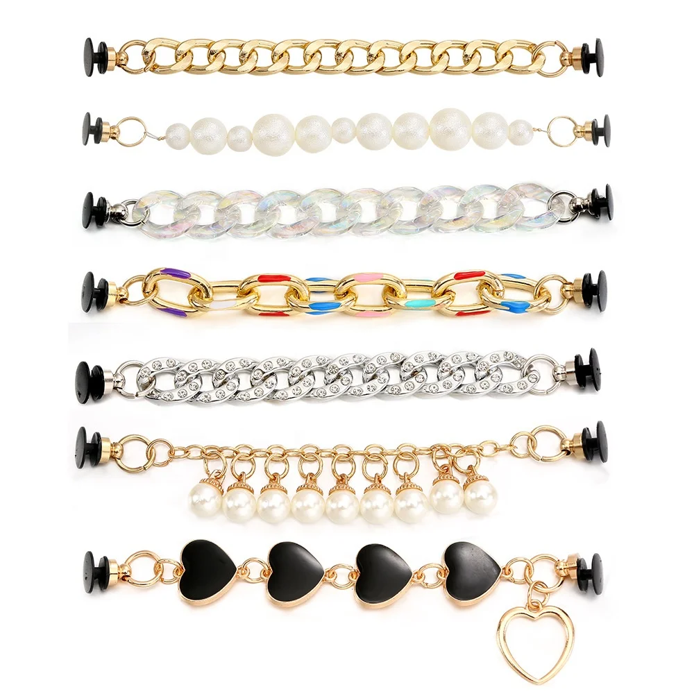 Hot sale luxury shoe chain rhinestone alloy  pearl gold sliver metal croc charms chains for crocs sandals