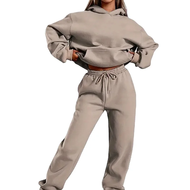 Custom Winter 100% Cotton Women Sweatsuit Set Cotton Fleece Oversized Crewneck Sweatshirt And Jogger Sets Women Tracksuit