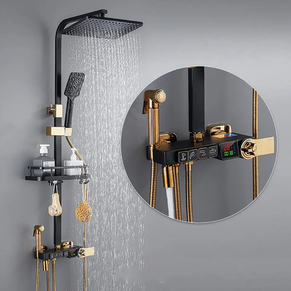 High Quality Rainfall Brass Luxury Digital Bathroom Shower Set Black And Gold Thermostatic Bathtub Faucet Mixer