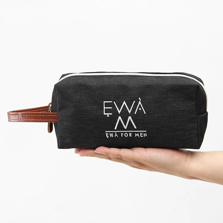 custom function business square man toiletry travel  makeup case unisex sports embroidery logo black polyester mens cosmetic bag