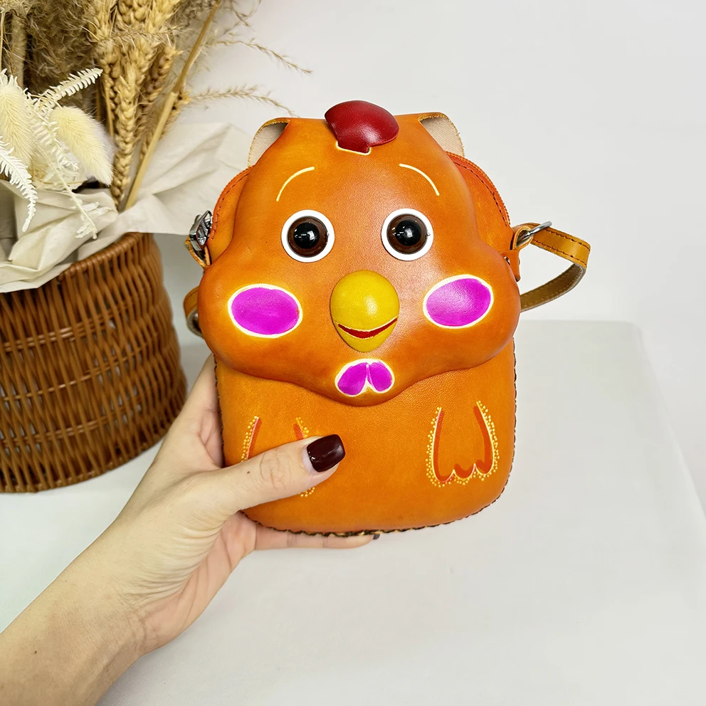 MB-024 chicken shape  cute mini ladies handmade custom cellphone genuine leather crossbody bags for women