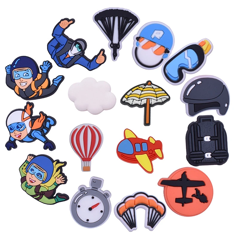 New Arrival Soft PVC Skydiving Sports Suit Croc Shoe Charms Decorations for Boys Party Accessories Wholesale 2022