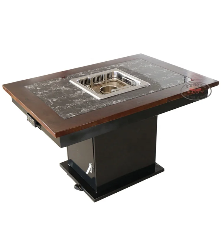 Yawei smokeless lifting hot pot table restaurant table solid wood inlay in marble Hot pot table