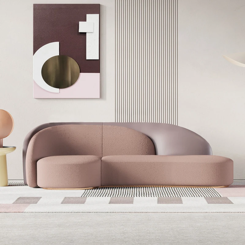 Luxury Modern Leather Curved Sofa Set Lamb Wool Boucle Double Home Couches Hotel Reception 3 Seater Sofa