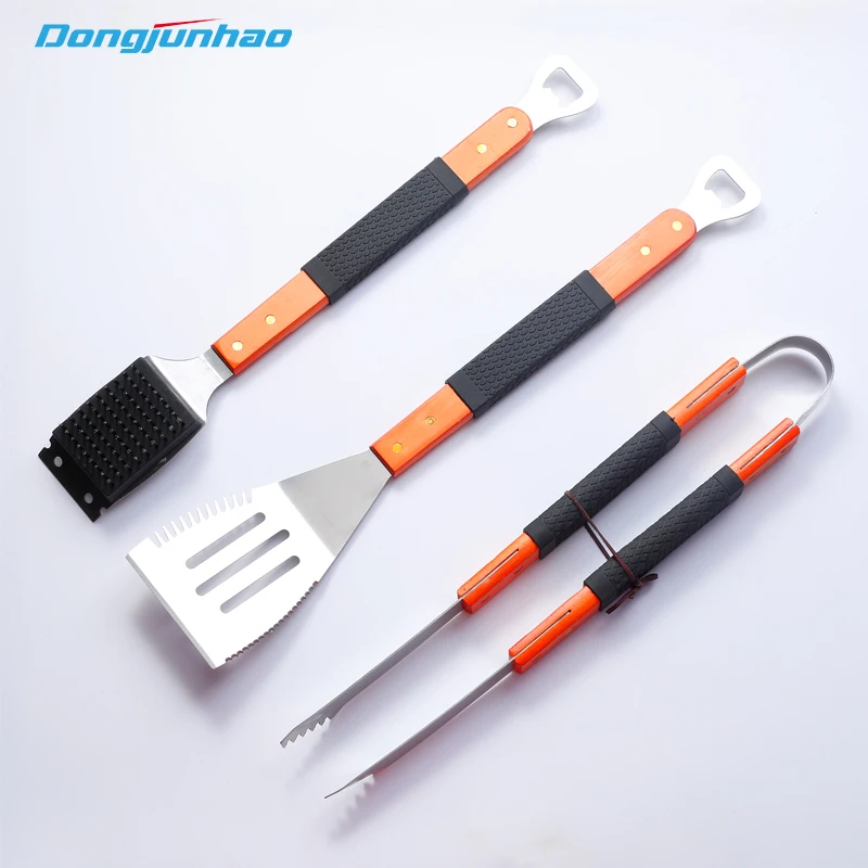 Mini personalized grill tools set 3 piece stainless steel BBQ utensils tool set with tong cleaning brush spatula