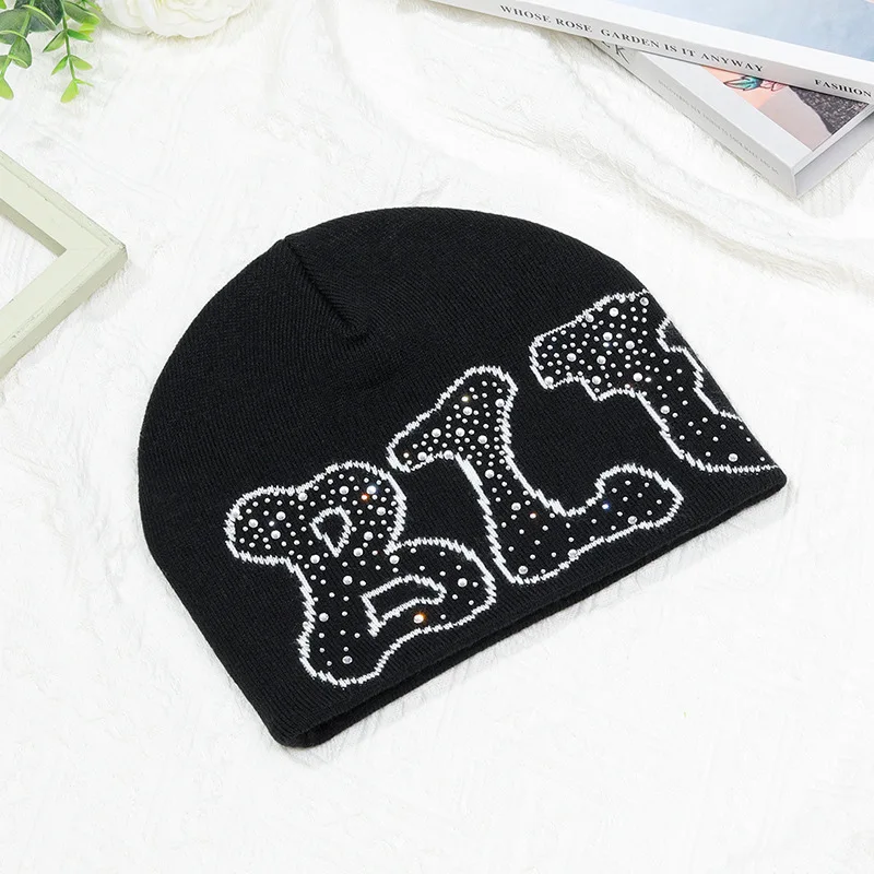 High Quality Custom Printed Logo Letter Bling Bling Diamond Rhinestone Knitted Jacquard Beanie With Rhinestone