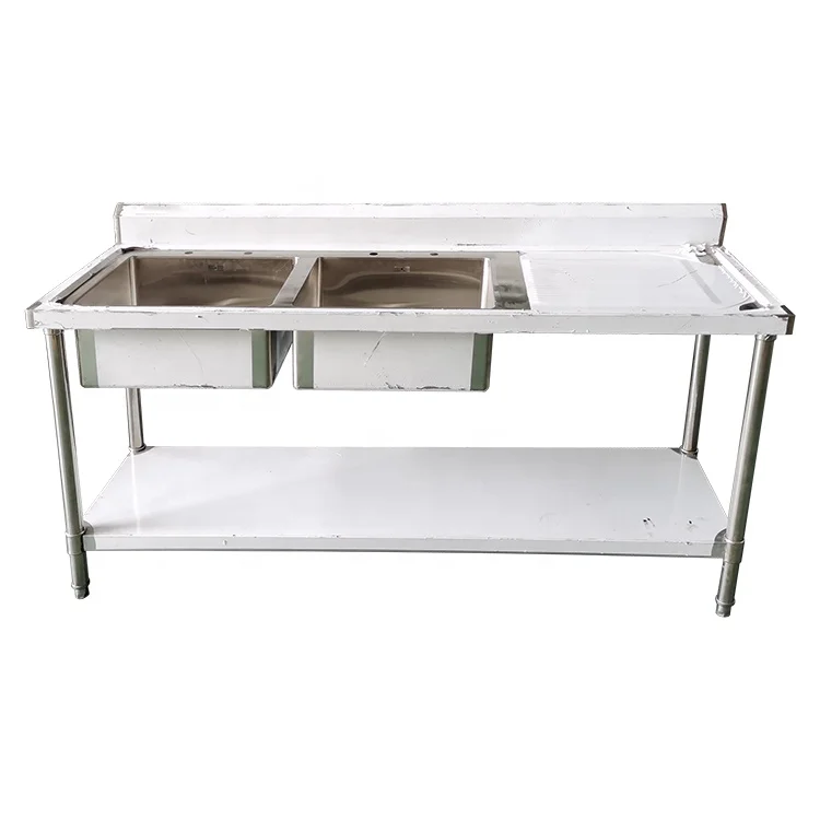 Guanbai 304 stainless steel kitchen equipment manufacturer workbench with double washing sink bowl buffet equipment