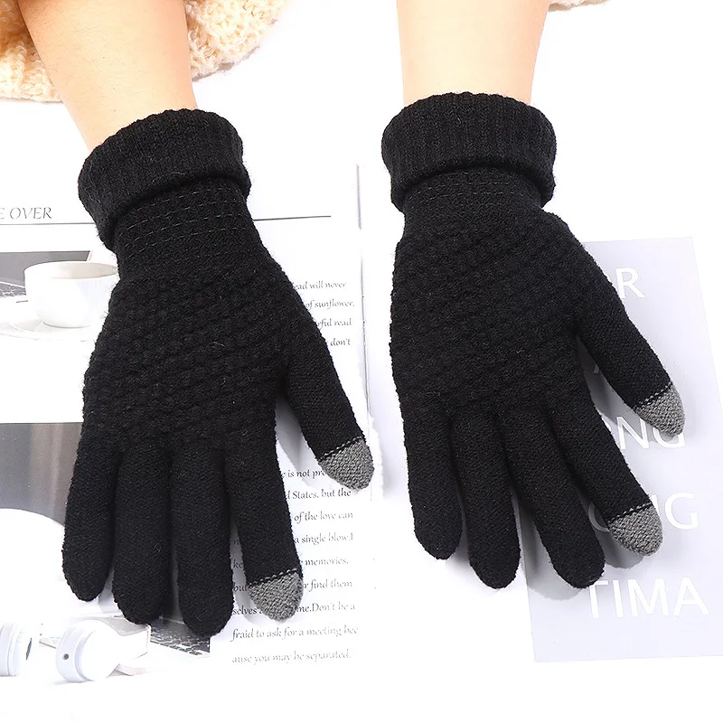 LTT1646 Jacquard Plain Women Men Mitten Elastic Cuff Texting Knitted Gloves Warm Fleece Lined Winter Gloves Touch Screen