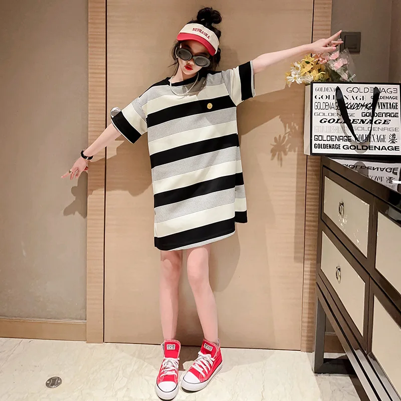 Summer White And Black Stripe Kids Girl Dress Baby Girl Party Dress Children Frocks Designs Girls Dress Patterns