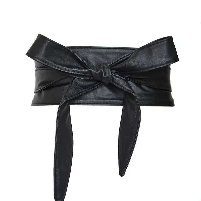 Faux Leather Wide Belts For Women PU Leather Wrap Around Bowknot Waist Tied Belt Corset For Dress Cummerbund