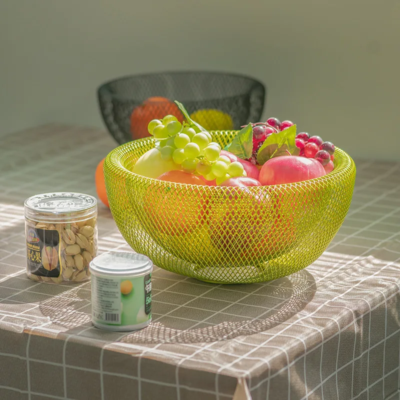 Modern kitchen metal tray Creative geometric snack tray candy basket Wrought iron double mesh hollowed out fruit basket