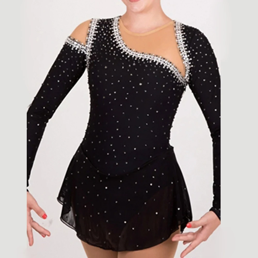 Drop shopping Support Figure skating dress black sexy Spandex handmade rhinestones dance  ice skating dress