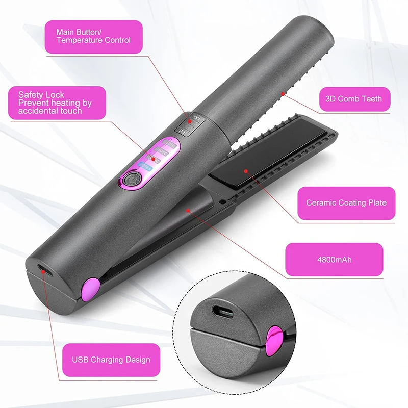 Fast Heating USB Mini Portable Ceramic Wireless Flat Iron Cordless Hair Straightener And Curler 2 in 1  With Type-C Charger