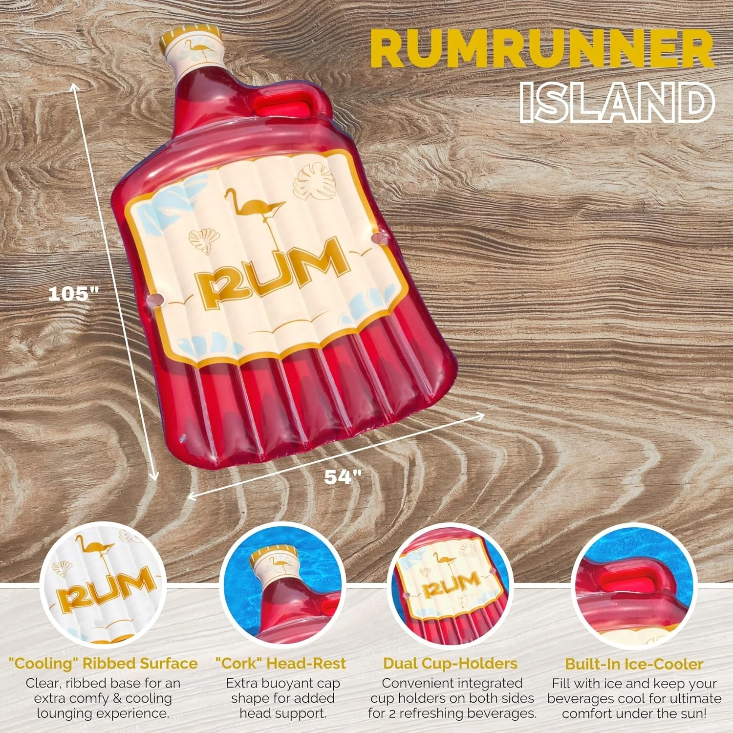 Inflatable Rum Runner Pool Island Red 105 x 54 inches For Adults and Kids Summer Fun Party