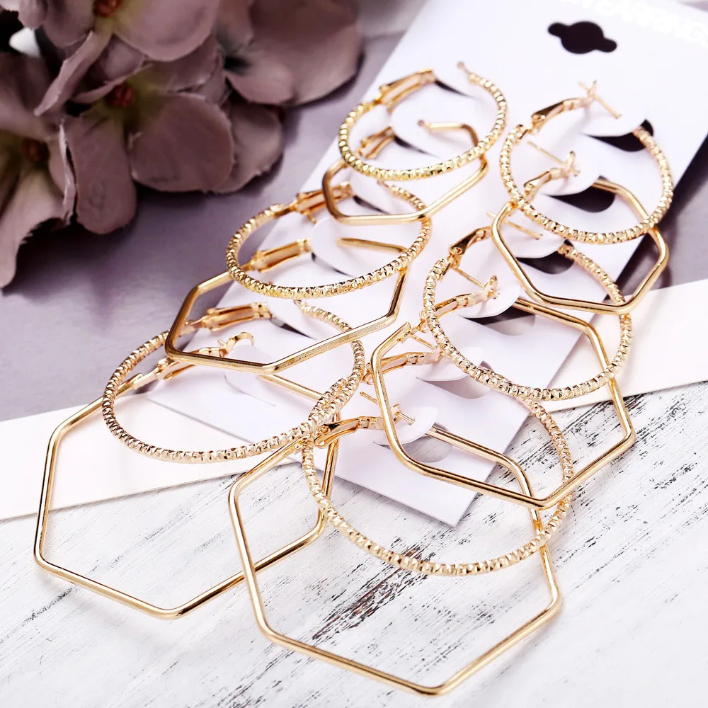 New Fashion Simple Retro Design 12 Pieces/Set Personality Alloy Gold and Silver Exaggerated Metal Large Ring Earrings Set Female
