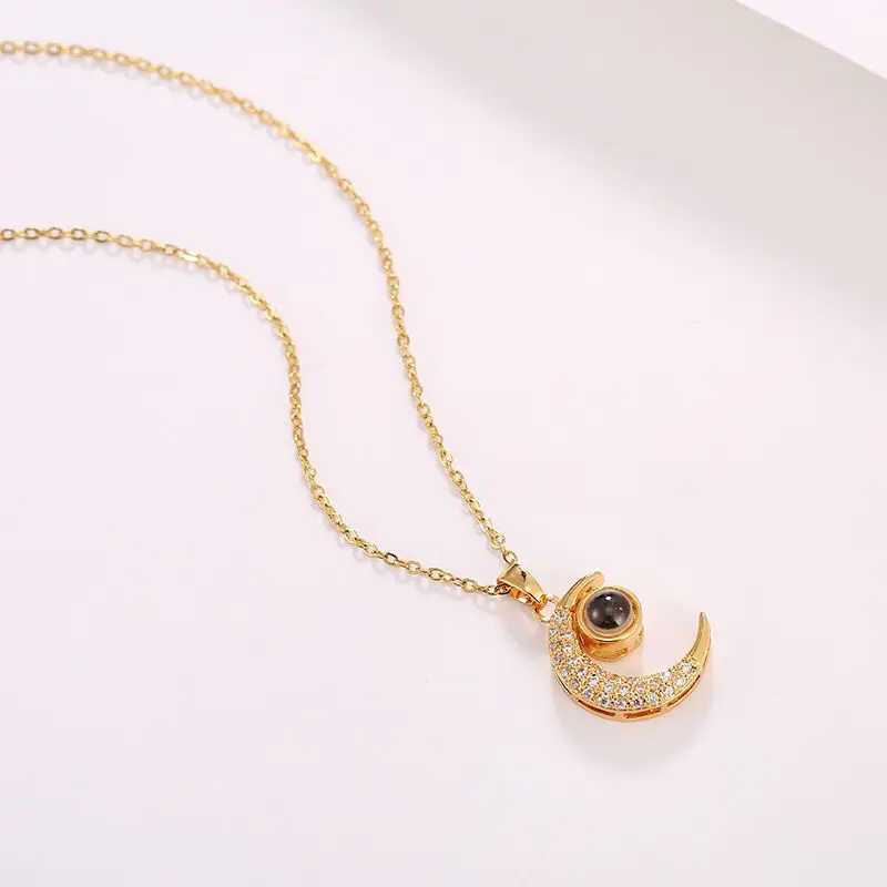 IVIAPRO Fashion Jewelry Gold Plated Romantic 100 Languages Projection I Love You Necklace Stainless Steel Moon Pendant Necklace