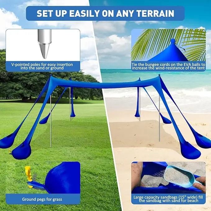Beach Sun Shelter  tent UPF50+ with 8 Sandbags, Sand Shovels, Ground Pegs & Stability Poles