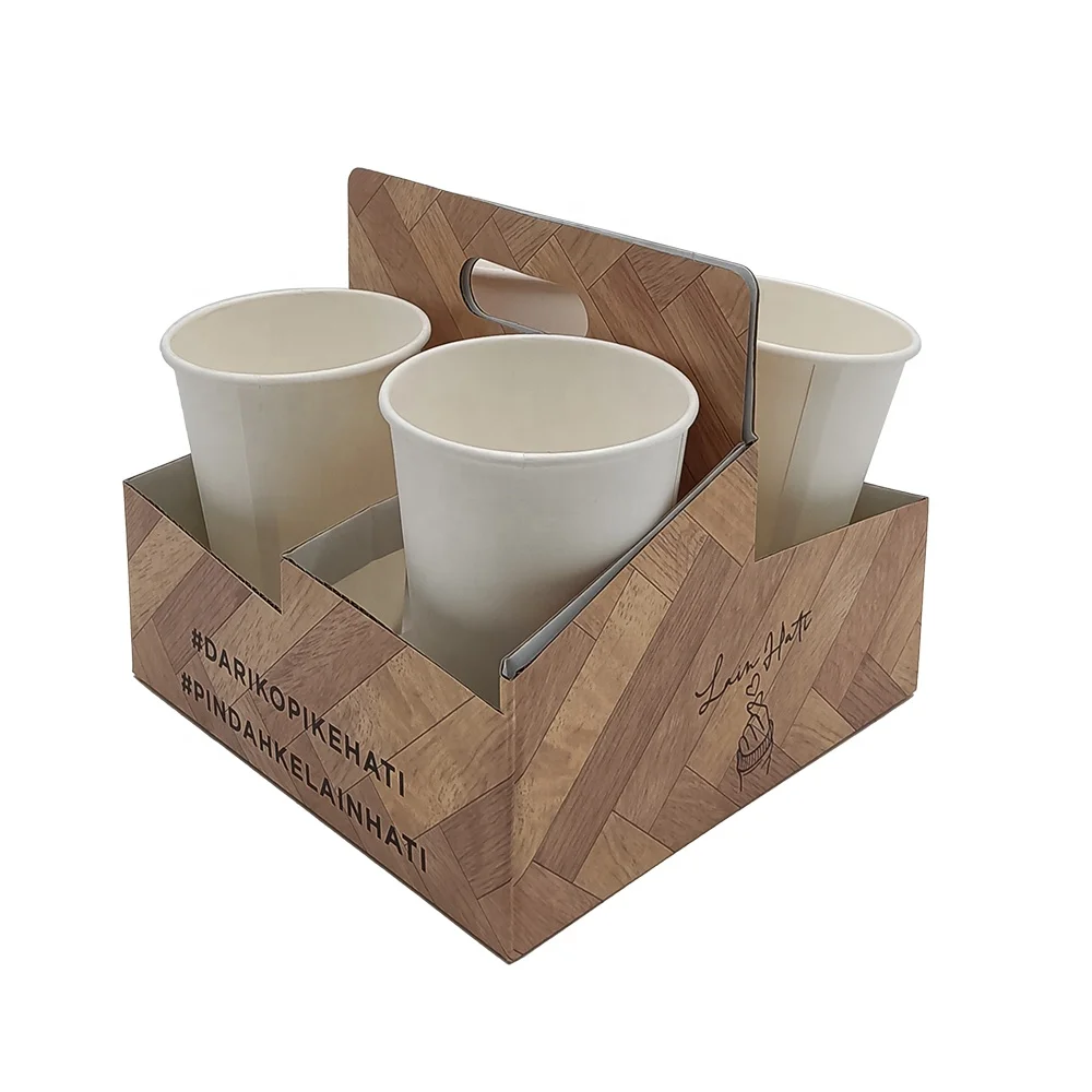Wholesale Brown Sturdy Paper Box for Grocery Store Drink Container Box for Restaurant 4 Pack Coffee Beverage Takeout Paper Box
