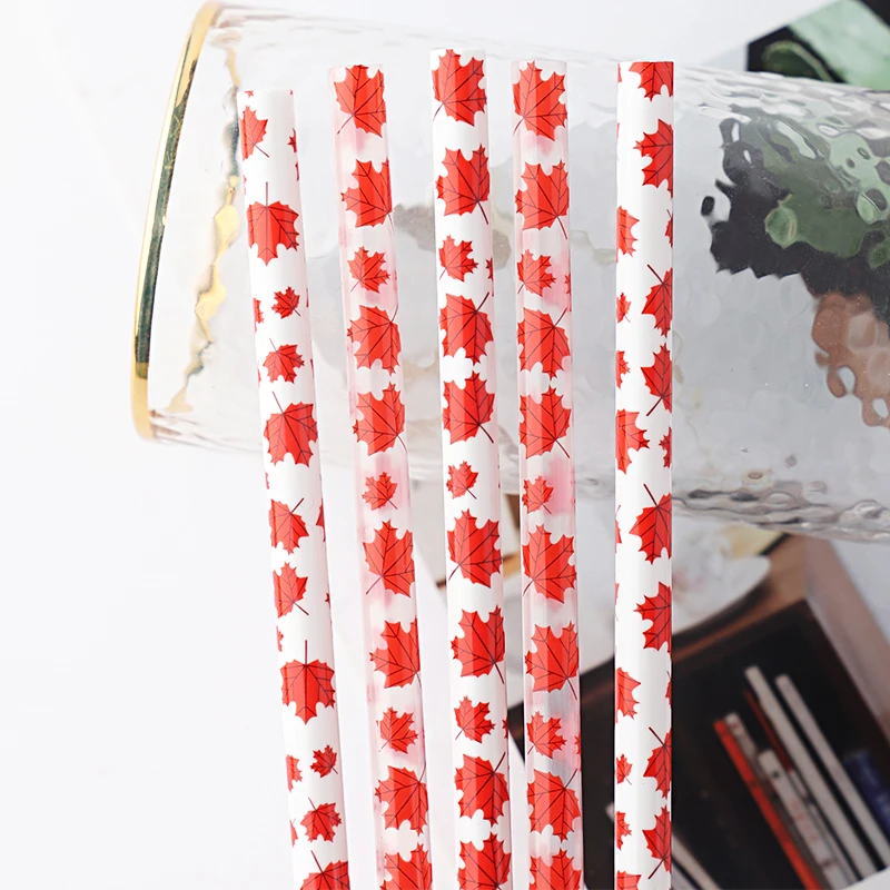red maple leaf custom printed drinking straws, pp hard plastic reusable dolly straws, wholesale drink straw