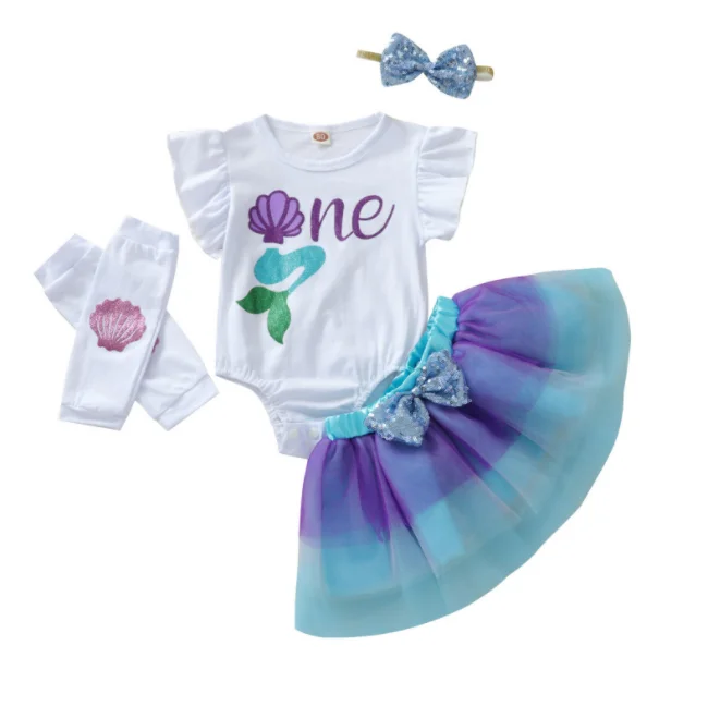 Wholesale Summer Infant Printed Fly Sleeve Romper + Firefly Blue Mesh Skirt 4-piece set For Baby Toddlers Girls Clothes