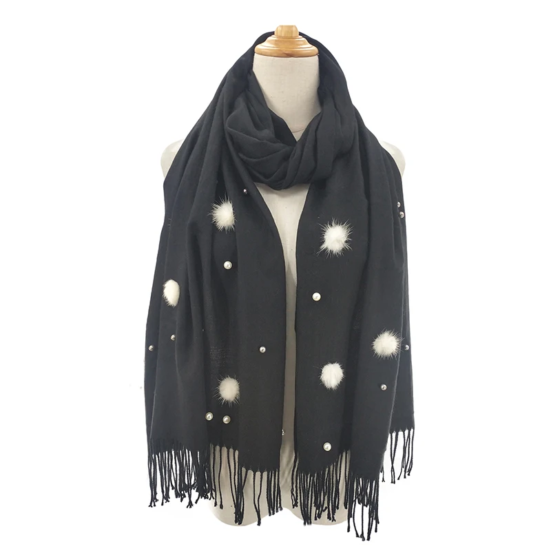 
Wholesale fashion female solid color imitated cashmere scarf with fashion pom poms pearls and tassel long scarf 