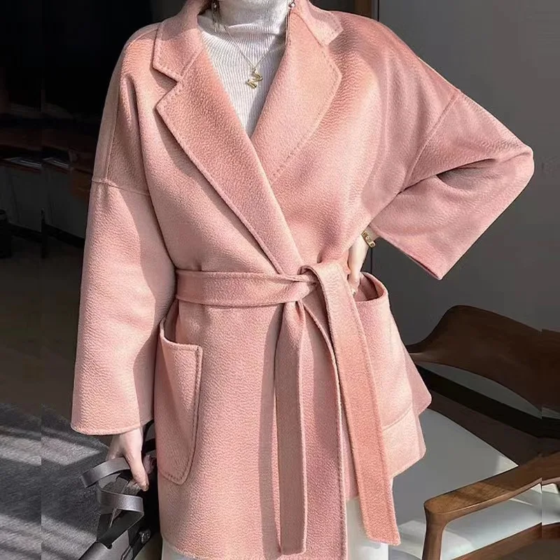 Fashion Turn Down Collar Cashmere Coat Custom Women Belted Long Style Korea Wool Coat