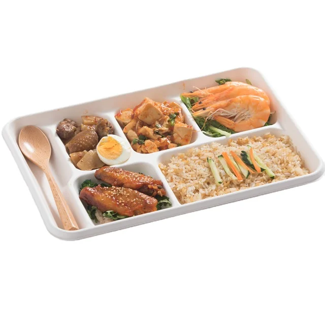 
Restaurant Sugarcane Bagasse Take Away Food Packaging 3/4/5/6 Compartment Divided Paper Tray For Food 