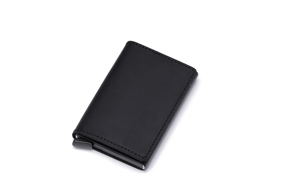 Amazon Hot Sale High Quality Crazy Horse Leather Minimalist Aluminum Case Credit Card Holder Wallet In Large Stock