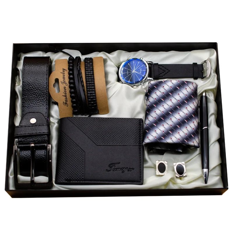 Promotion Business Gift Box Man Birthday 7 Piece Black Gift Box Watch Wallet Bracelet Tie Pen Cufflinks Belt Set for Men