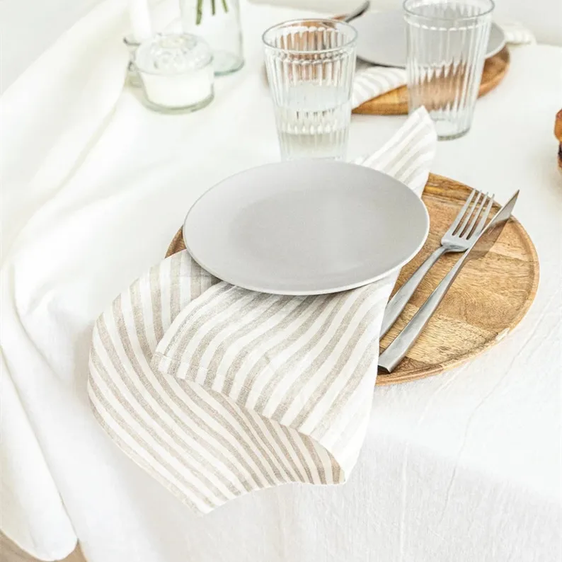 Chic style simple stripe place mat stone washing linen natural stripe napkins