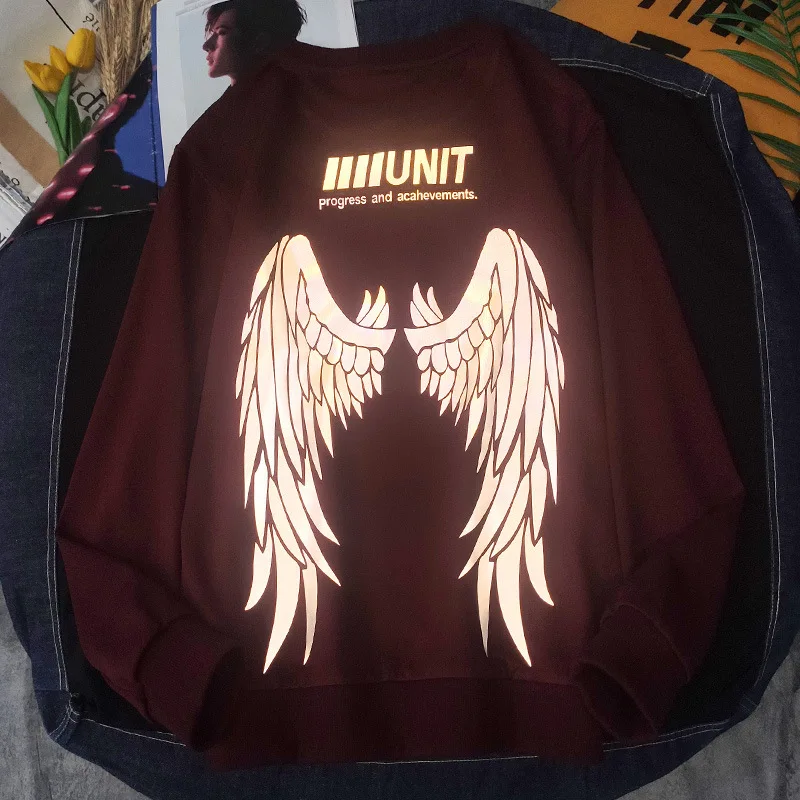 New Angel Wing Print Glow In The Dark Reflective Hoodies For Men Streetwear Zip Up Hoodie Fashion Oversized Sport Wear