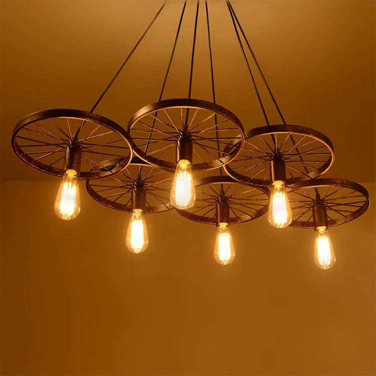 Retro Nostalgic Wheel Style Lamp Iron LED Pendant Light Chandelier Ceiling Luminaire