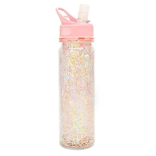 Hot sale glitter double wall clear plastic sports water bottle with straw