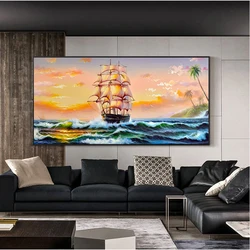 Hand-painted sailing oil painting modern living room decoration painting porch scenery hanging painting American mural