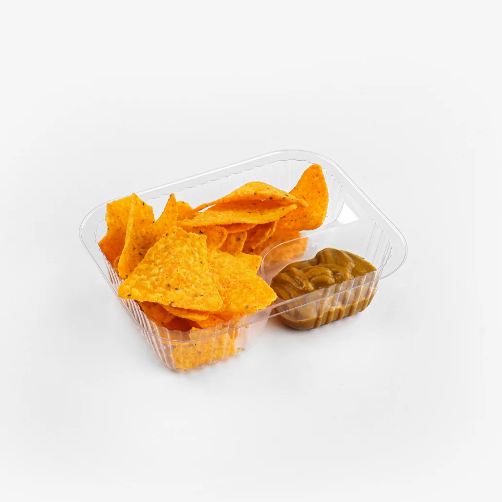 Manufacturer Supply 2 Compartment Clear Disposable Plastic Potato Chips Biscuit Cookie Snack Nacho Food Tray