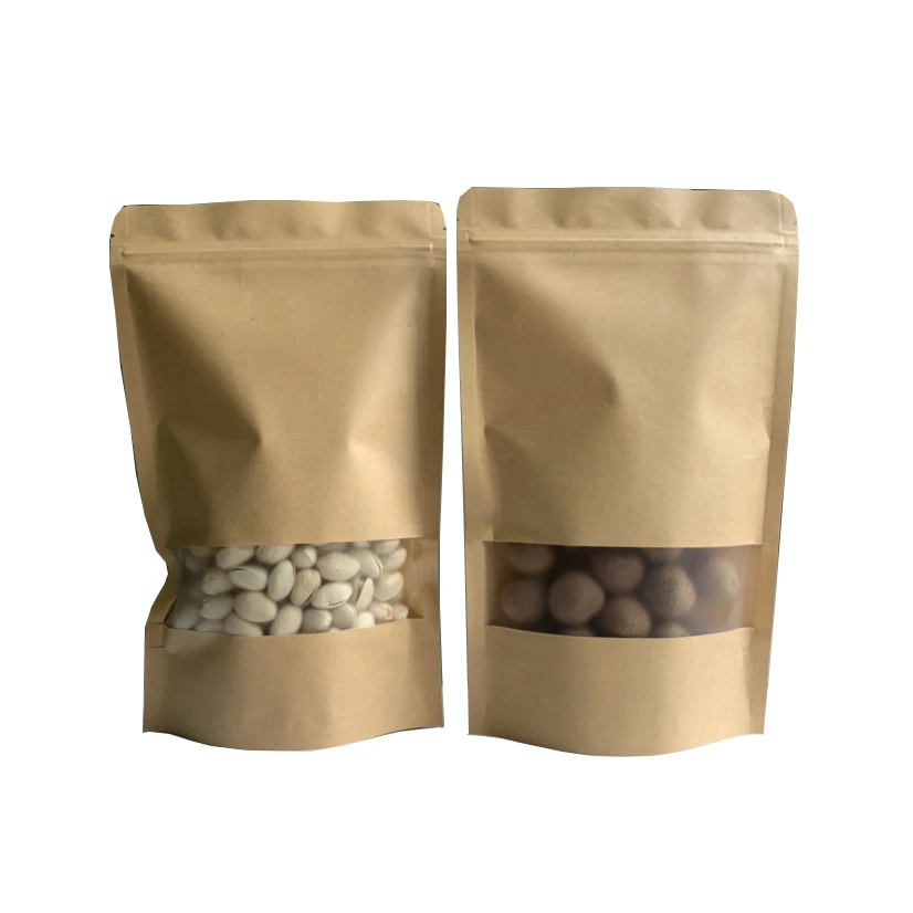 Wholesale Customized Printed Clear Window Stand Up Unprinted Pouch Brown Kraft Zipper Paper Bag For Snack Packaging