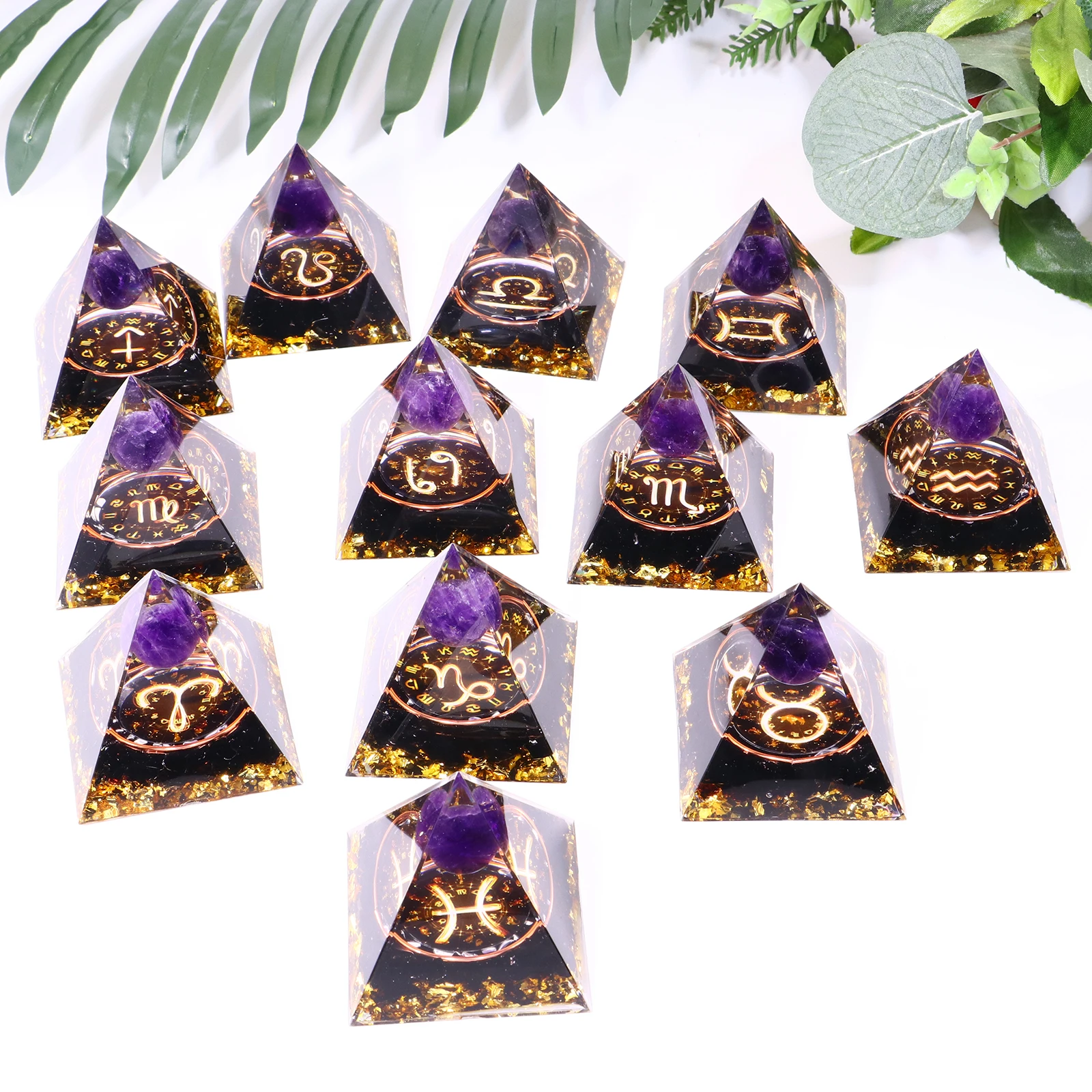 50mm 60mm zodiac crystal healing pyramid 12 zodiac meditation crystal orgon orgonite pyramid