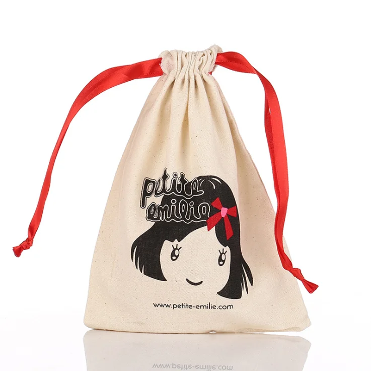 Eco friendly calico canvas drawstring bag custom logo muslin cotton drawstring bags for gift
