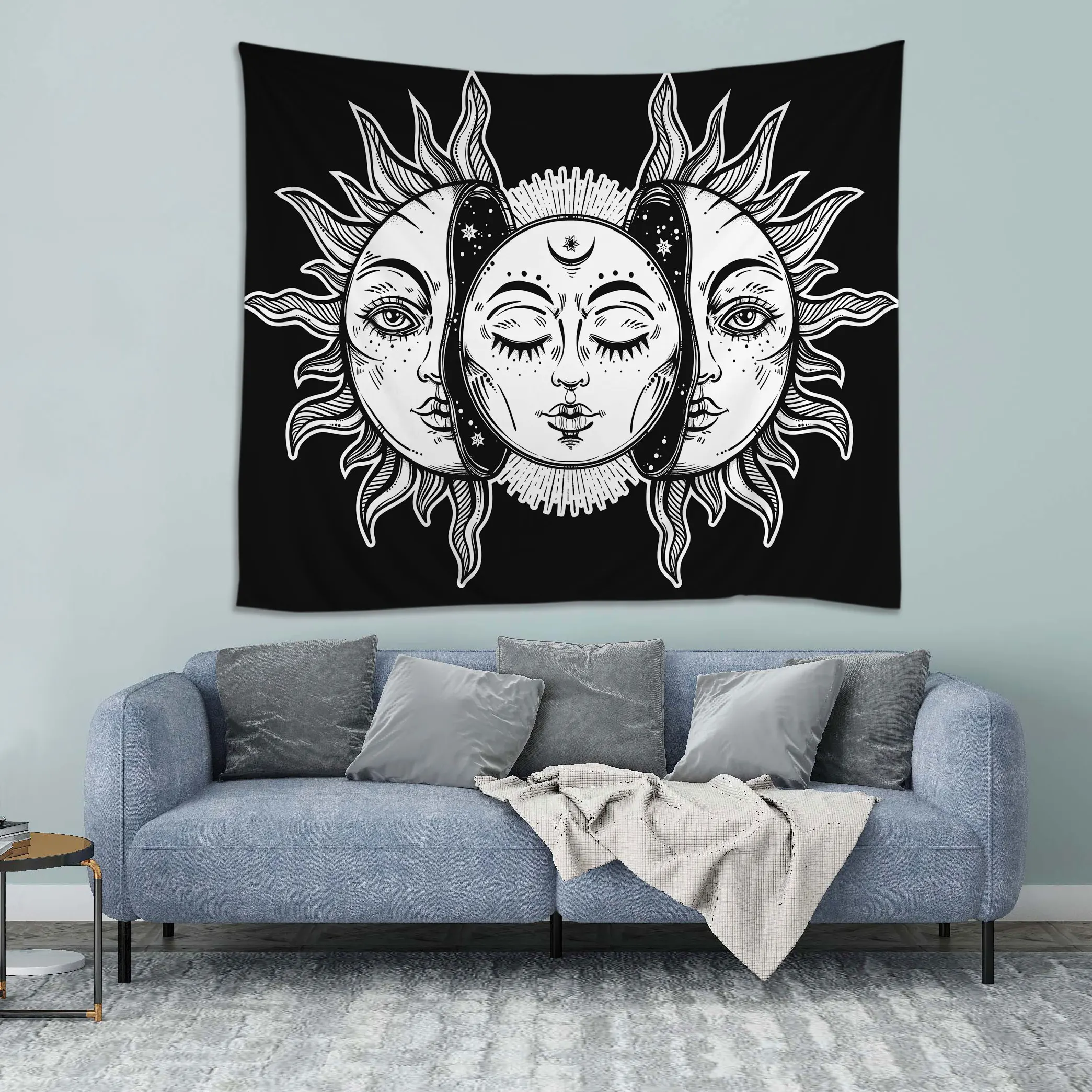 
Sun and Moon Tapestry Burning Sun with Star Tapestry Black and White Mystic Tapestry Wall Hangings 