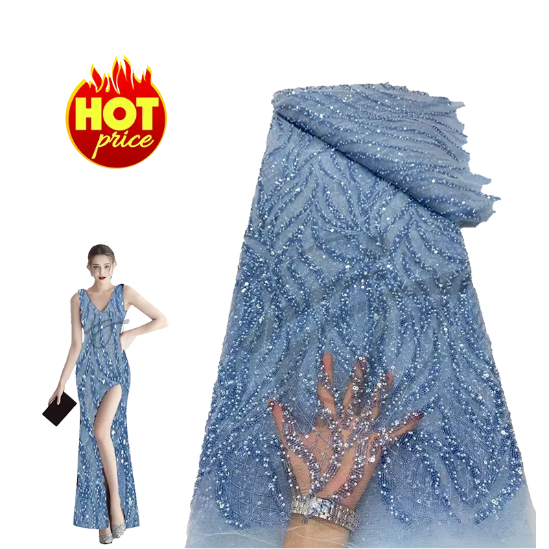 Yun Fan buy sequin beaded lace fabrics by the yard tulle mesh lace beading fabrics for bridal wedding women dress