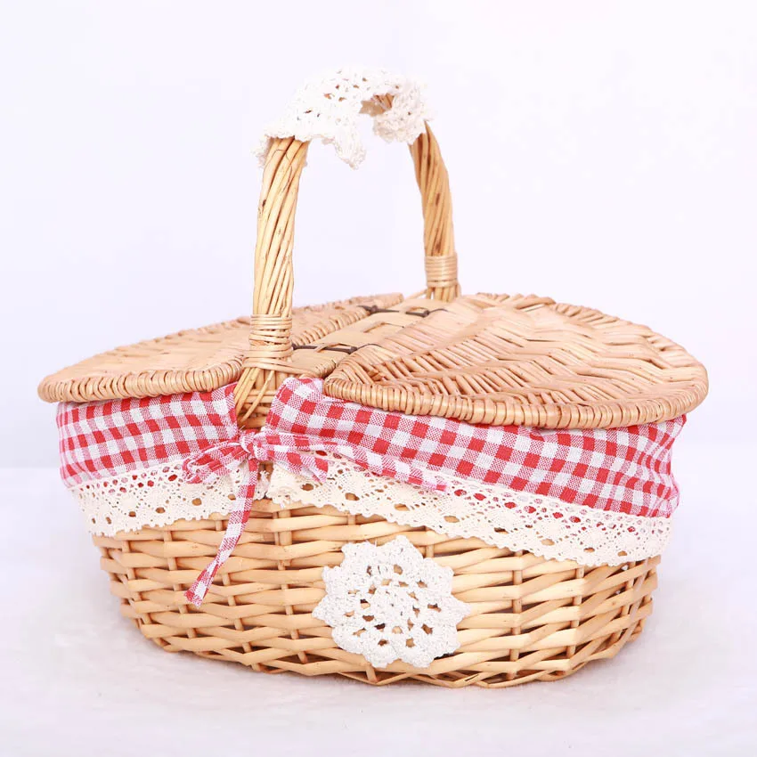 Wholesale Country Style Insulated Wicker Picnic Basket Hamper with Lid and Handle & Liners