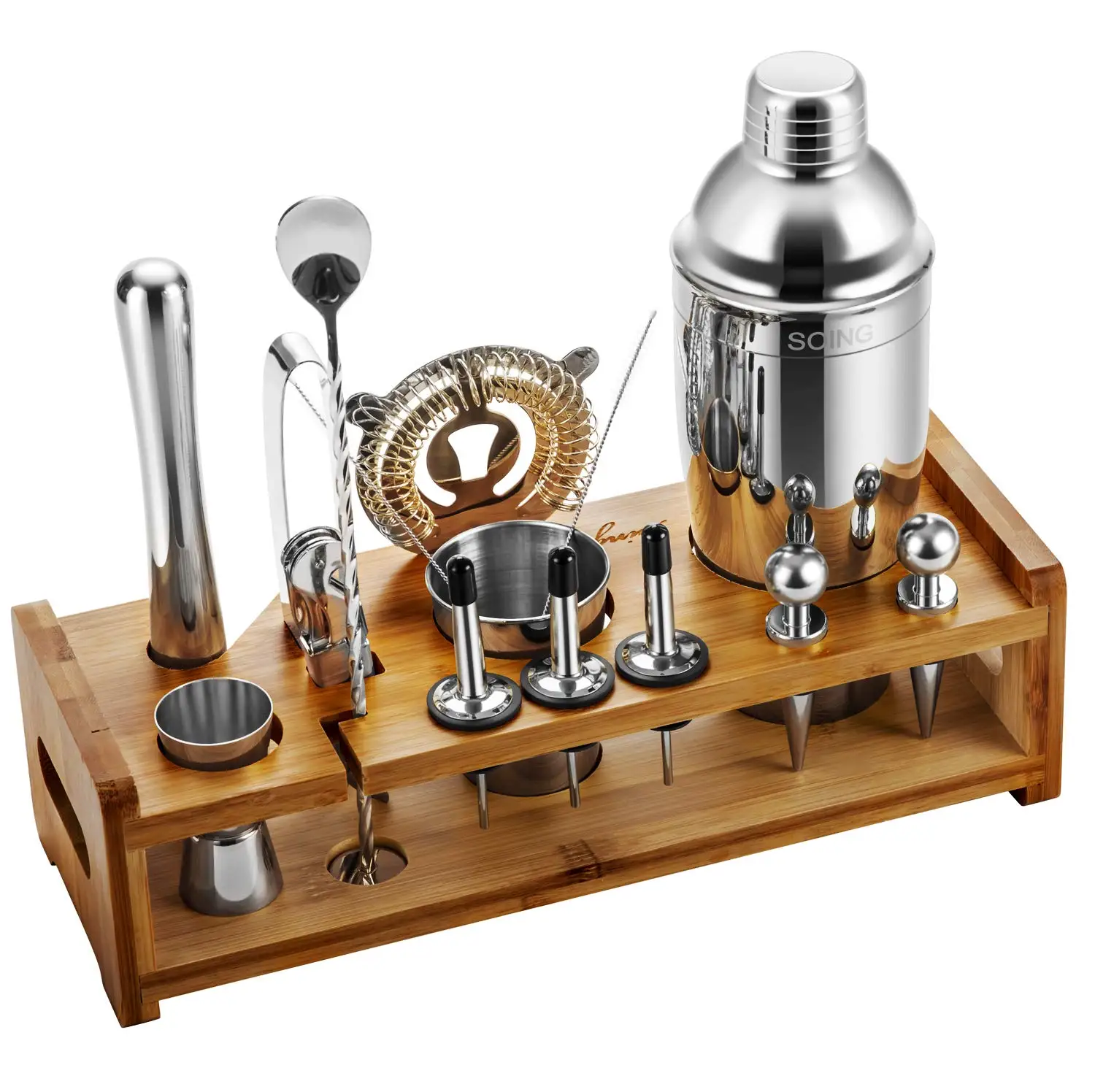 Wuyi Camol Factory Direct Silver 24-Piece Cocktail Shaker Set,Perfect Home Bartending Kit for Drink Mixing Bar Tools With Stand