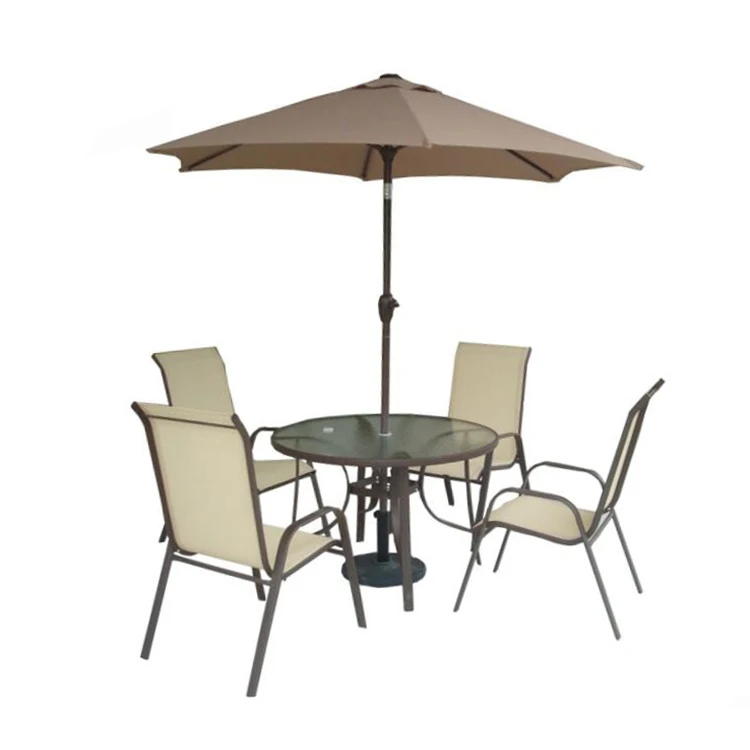 High quality elegant steel frame rattan chair table set garden table dining chair with umbrella