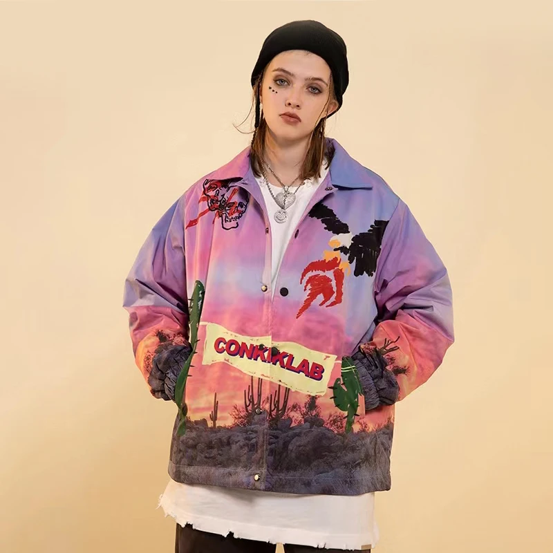 DiZNEW Lapel jacket Street illustration graffiti print coat Fall shoulder sleeve loose jacket unisex