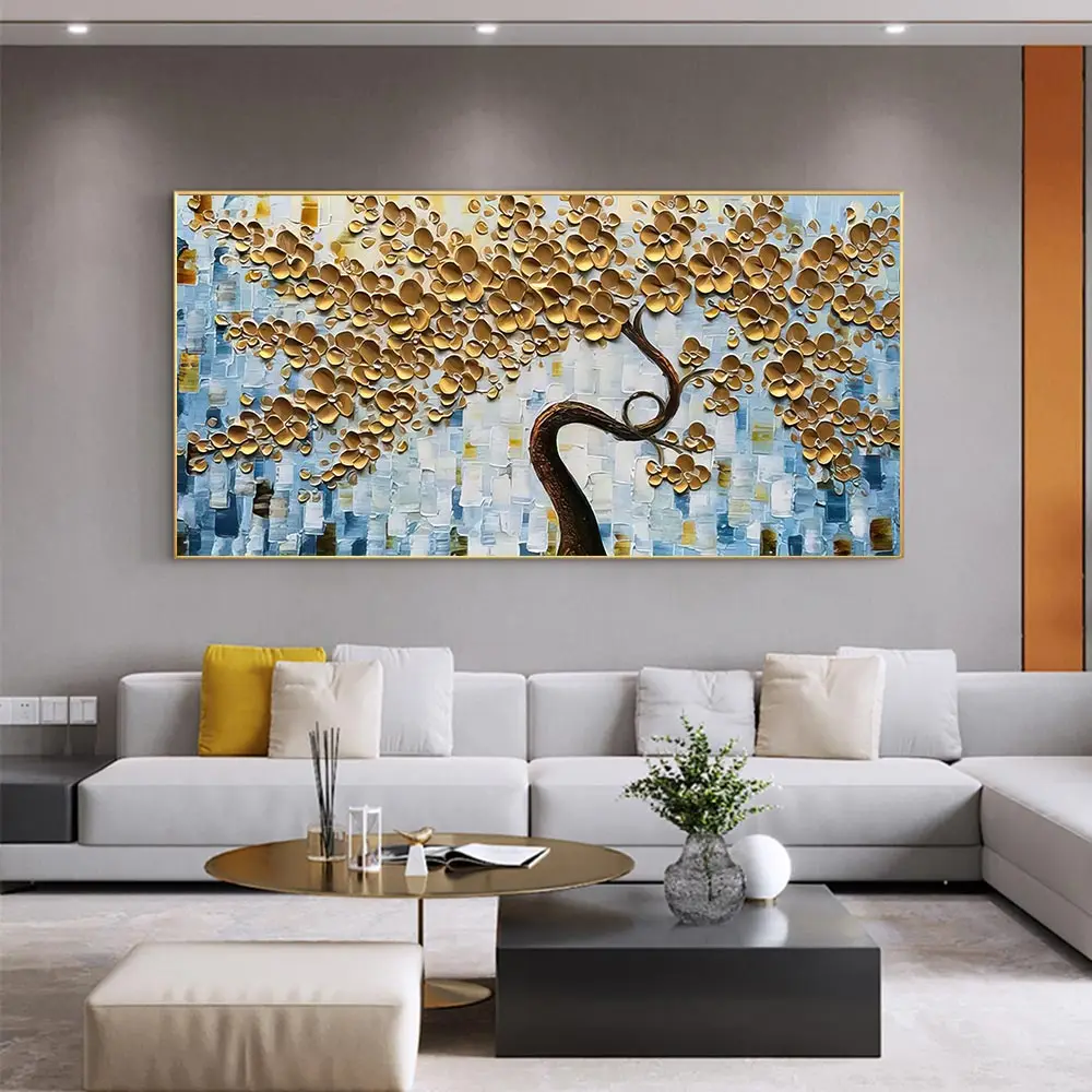 100% Hand Painted Abstract Gold Tree of Life Poster Wall Pictures oil painting gold money tree wholesale