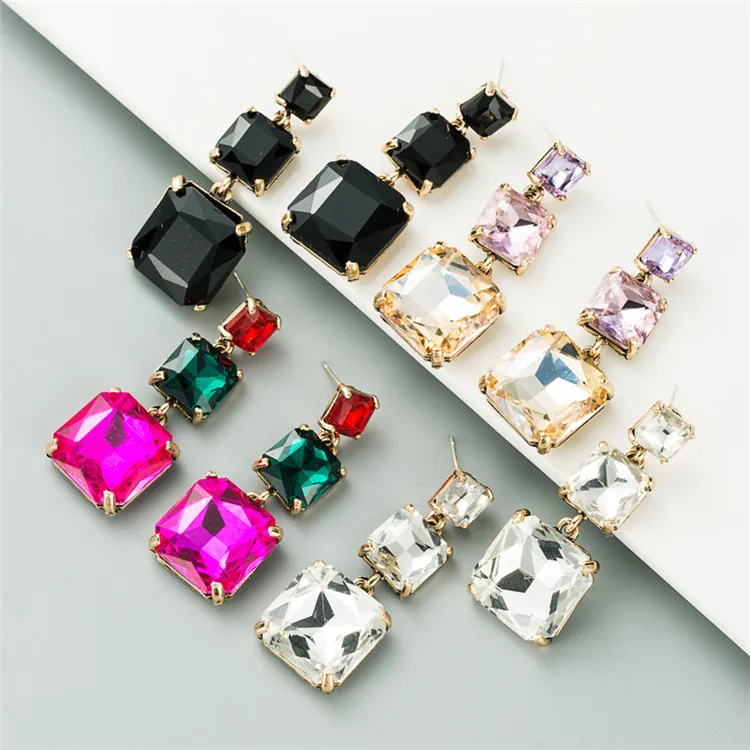 Popular S925 Silver Needle Ear Studs Square Glass Diamond Long Color Rhinestone Earrings