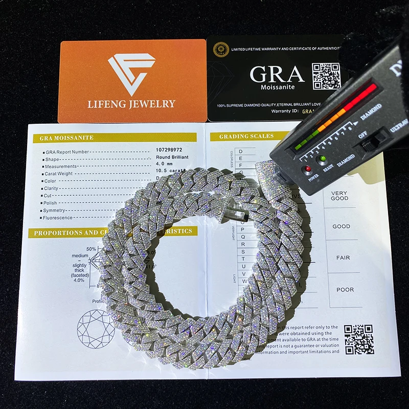 Hip-Hop Iced Out Moissanite Cuban Link Chain  White Gold Plated 15mm Diamond Fashion Jewelry Necklace