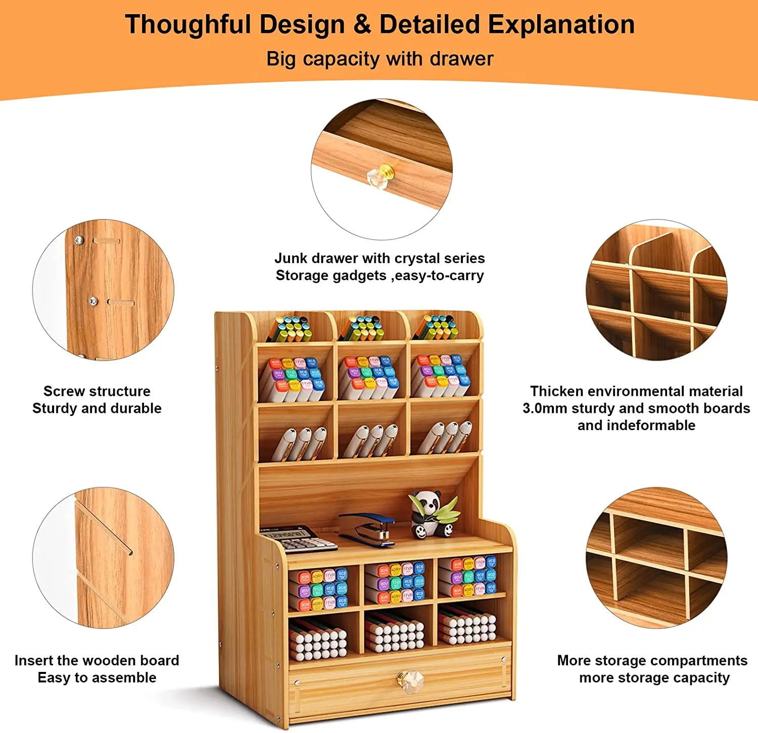 Wooden Pencil Holder, Pen Organizer for Desk with 15 Compartments + Drawer, Desktop Stationary Storage Organizer Caddy