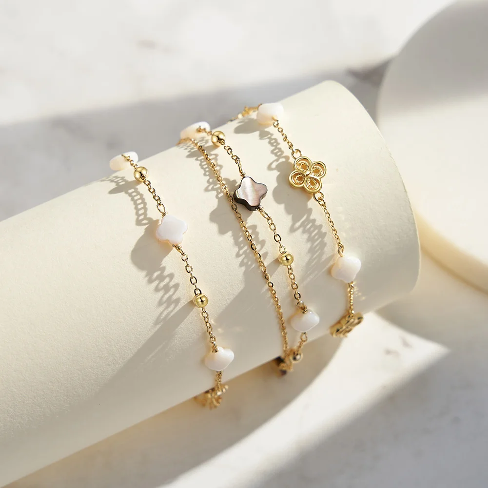 GMB65-71 RINNTIN Wholesale 14K Gold Shell pearls Bracelet Latest Girl 925 Silver Jewelry Four Leaf Clover Bracelet For Women