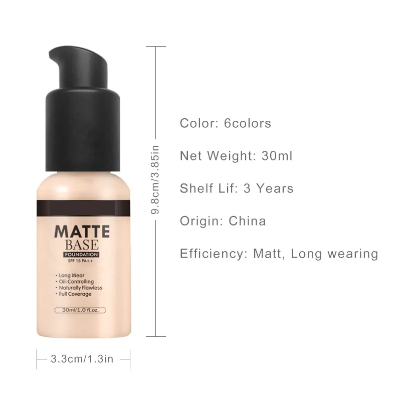 Hot Sale Waterproof Private Label 6 Colors makeup Full Coverage Liquid Foundation For Full Makeup